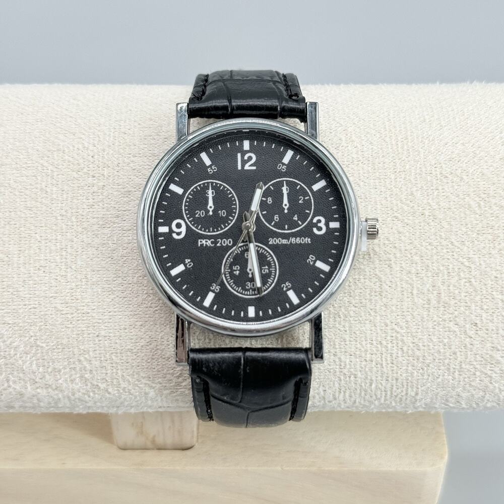 Men's Classic Chronograph Style Fashion Watch Black Dial Crocodile Leather Strap